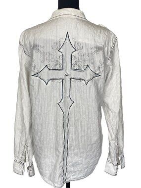 BUCKLE BLACK LABEL Men Embroider Long Sleeve Button Down Shirt Sz L White 3A-1